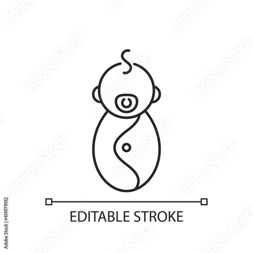 Male newborn linear icon. Baby phase. Infancy development. Age period from birth to 2 months. Thin line customizable illustration. Contour symbol. Vector isolated outline drawing. Editable stroke