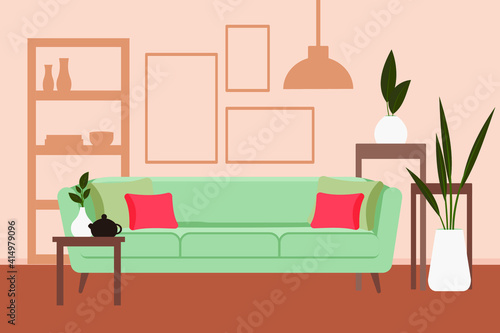 Stylish apartment interiors in Scandinavian style with modern decor. Cozy furnished living room. Cartoon flat vector illustration. Bright, stylish and comfortable furniture with indoor plants. 