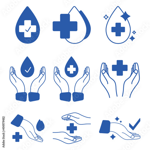 Hand with water drop and medical cross. Medically approved labels. Clinically tested insignia stamp. Antibacterial icons. Skin care sign. Badges of hypoallergenic package label. Vector