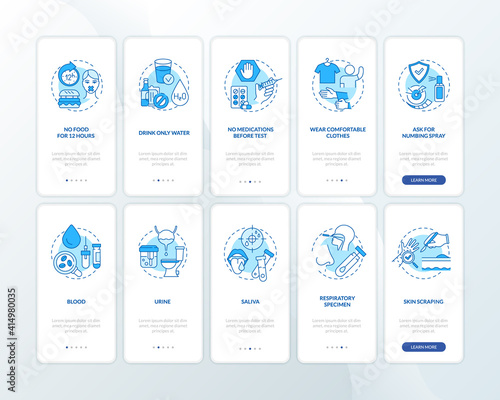 Laboratory diagnostics onboarding mobile app page screen with concepts set. Preparation for tests, specimens walkthrough 5 steps graphic instructions. UI vector template with RGB color illustrations