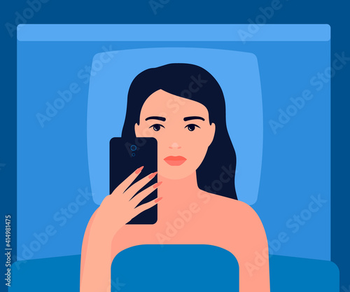 Woman lying in bed with smartphone, sleepless. Young girl see news in mobile phone, bad addiction. Woman suffers from insomnia night. Vector illustration