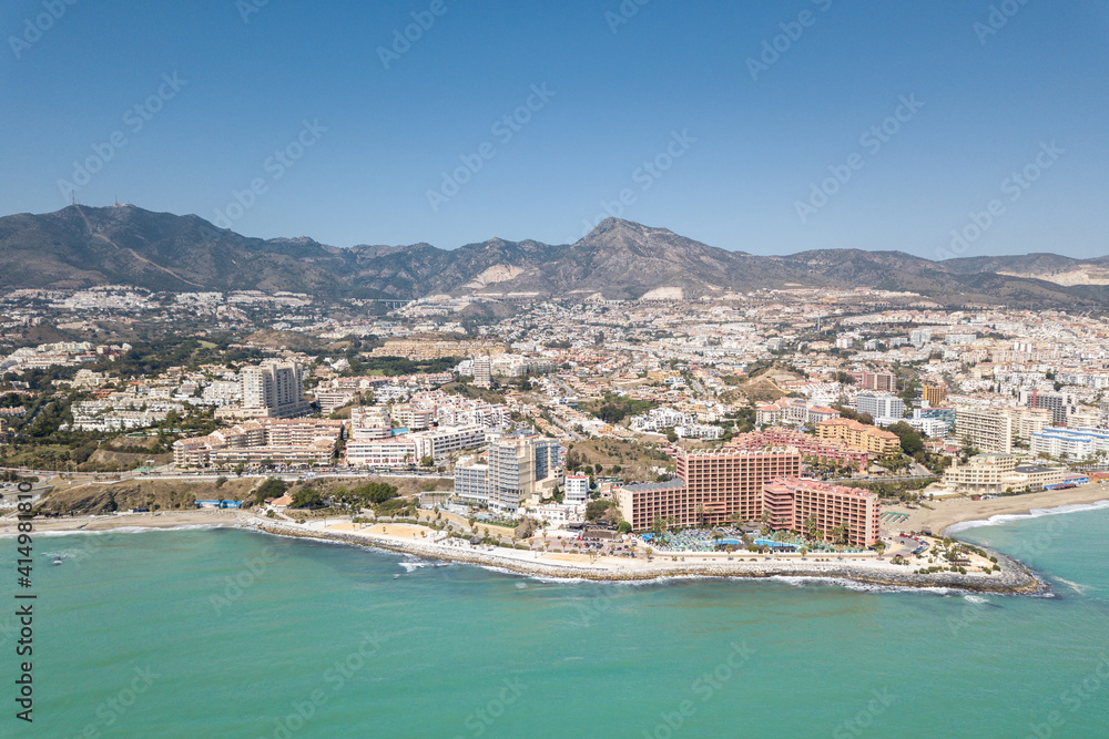 Aerial perspective of beautiful Andalusian city Benalmadena. Situated in south of Spain is a famous touristic destination on Costa del Sol. Emerald water colour. golden mile beach. Malaga Province 