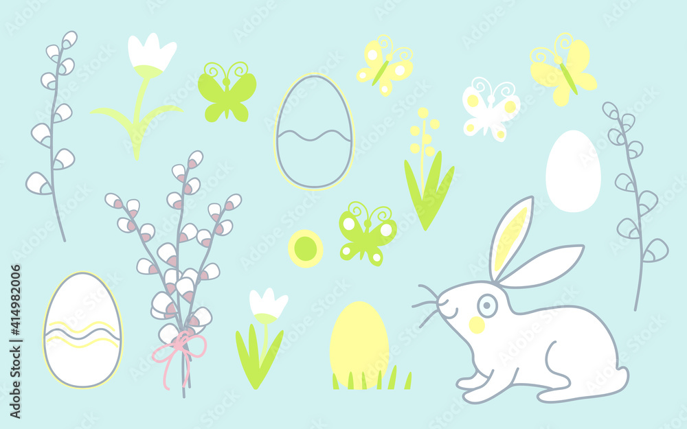 Set of traditional Easter elements for decorating. Bunny, Easter egg, flower, willow branch , butterfly isolated on delicate blue color. Vector illustration with sunny spring mood.