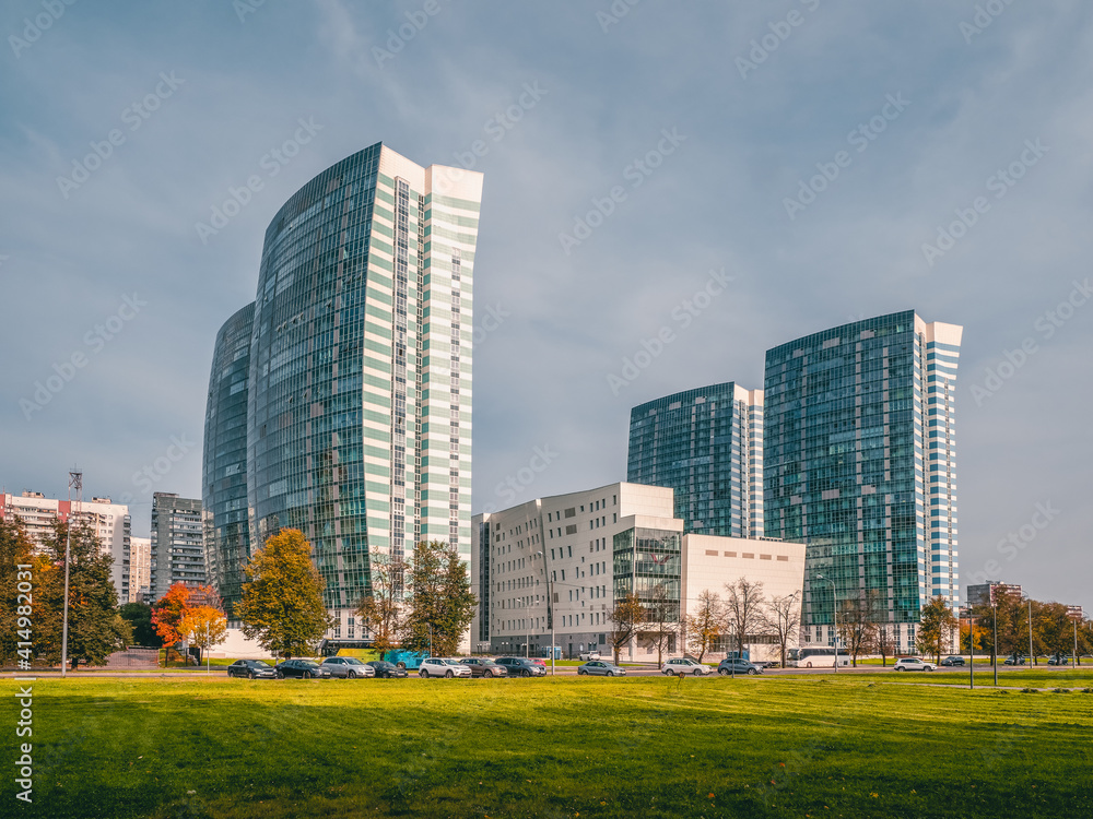 Original modern multi-storey buildings in the north of Moscow. Modern residential high-rise architecture. Original modern multi-storey buildings in the north of Moscow. Modern residential high-rise architecture.