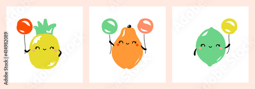 Kawaii characters of pineapple, papaya and lime. Cute happy fruits with multicolored balloons. Vector illustration for greeting card, fabrics prints or poster