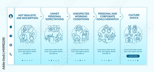 Unmet personal expectations onboarding vector template. Personal and corporate goals mismatch. Responsive mobile website with icons. Webpage walkthrough step screens. RGB color concept