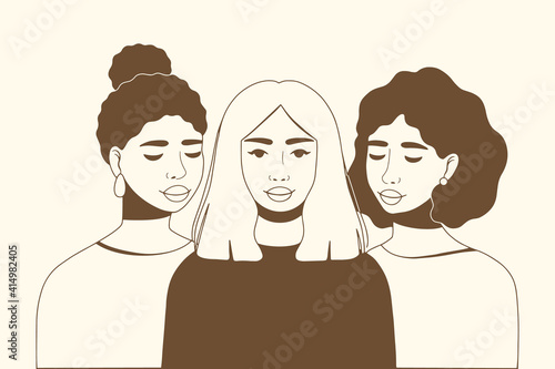 Beautiful women of different nationalities and cultures. Happy International Women's Day. Different ethnicity women. Women friendship concept, movement to empower women. Vector illustration.