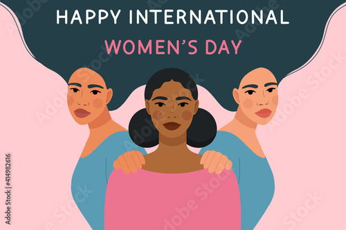 Portrait of beautiful women different nationalities and cultures. Happy International Women's Day. Different ethnicity women. Women friendship concept, movement to empower women. Vector illustration.