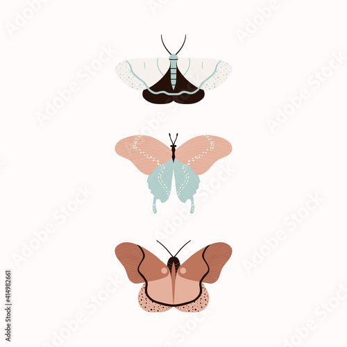 Set of 3 Butterflies in peach nougat, soften brown, jade green and creamy white colors on bright background for your fashion graphic designs as T-shirt prints, pajamas, bedding sets, fabrics and logos