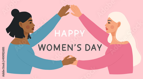 International Women's Day. Beautiful women different nationalities and cultures. Women friendship concept, movement to empower women. Vector illustration.