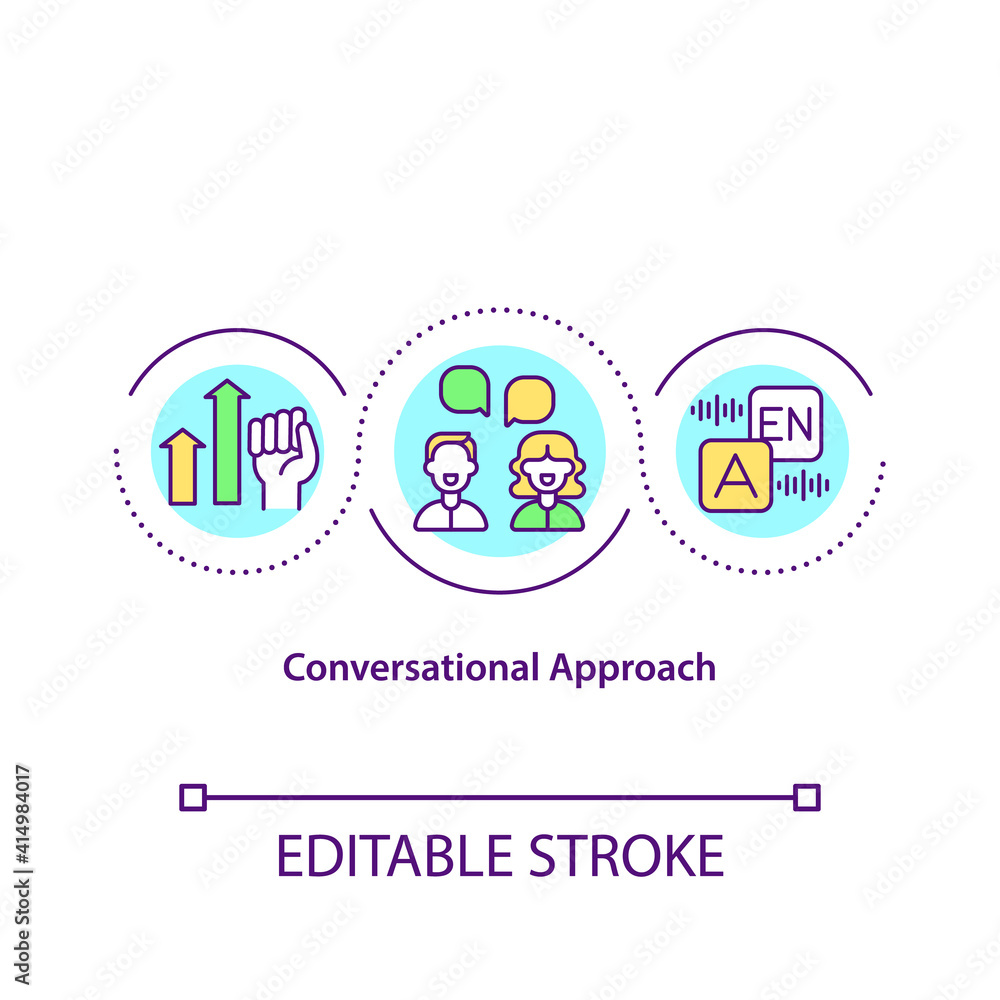 Conversational approach concept icon. Students have conversation about interesting topic or issue. Teaching idea thin line illustration. Vector isolated outline RGB color drawing. Editable stroke Conversational approach concept icon. Students have conversation about interesting topic or issue. Teaching idea thin line illustration. Vector isolated outline RGB color drawing. Editable stroke