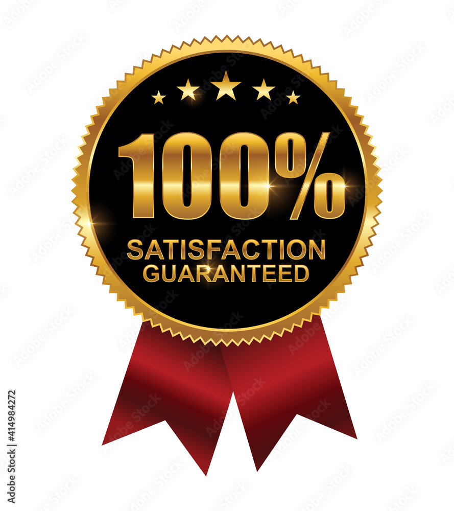 Golden 100 percent Guarantee with Red Ribbon Logo Sign