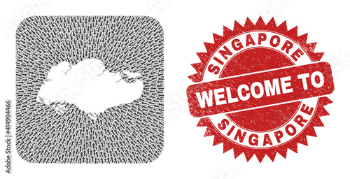 Vector mosaic Singapore map of navigation arrows and rubber Welcome seal. Mosaic geographic Singapore map designed as carved shape from rounded square shape using delivery arrows.
