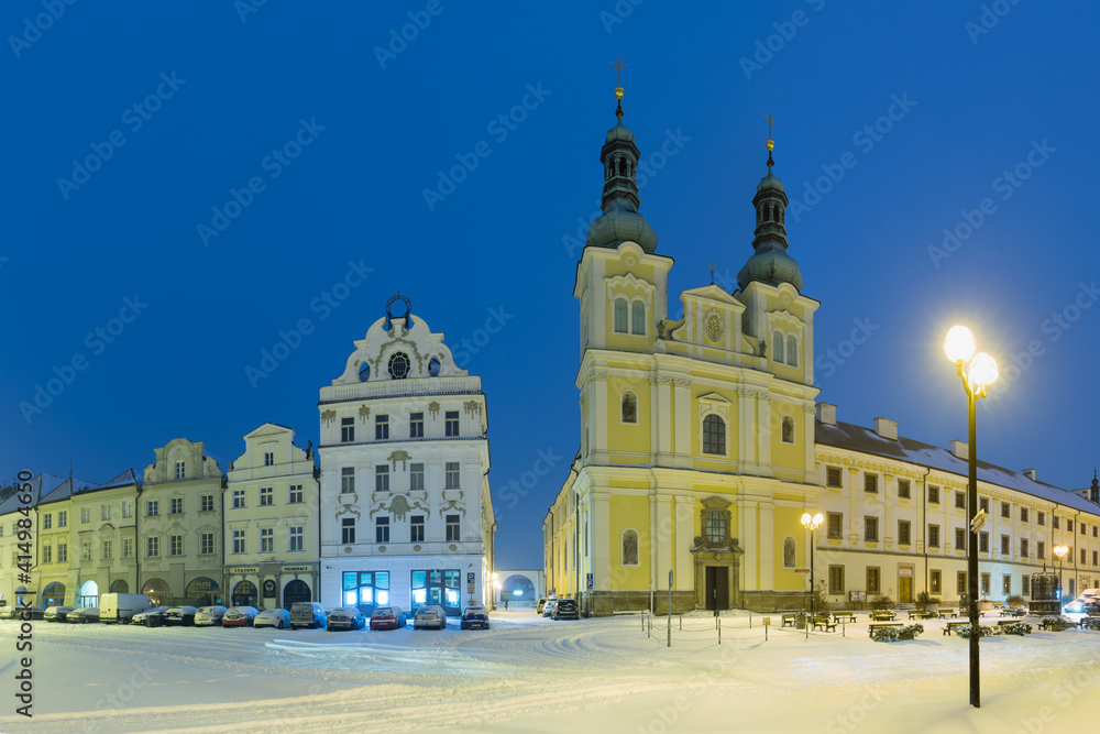 Old Town. Winter panorama of Hradec Kralove, Bohemia, Czech Republic. Christmas time during snowfall.