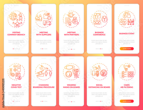 Business travel trends onboarding mobile app page screen with concepts. Business conference walkthrough 10 steps graphic instructions. UI vector template with RGB color illustrations