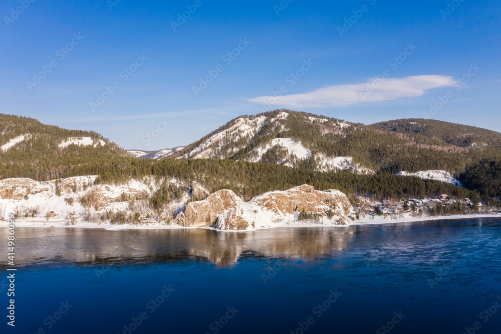 Winter landscape panorama with a river view