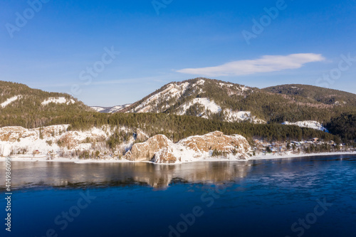 Winter landscape panorama with a river view