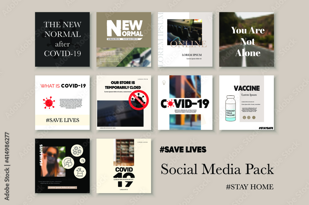 Social media pack COVID-19. Business presentation template. Set of modern blog Editable simple info banner, trendy book cover idea.  For app, web mail digital display style. Minimal. beauty cards grid