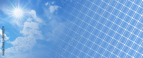 solar panels on blue sky and sun