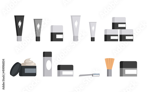 Set of different jars and tubes of cosmetics and shaving tool isolated on white background. Razor and shaving brush. Packaging for men self care cosmetics, and spa treatments. Beauty products concept.