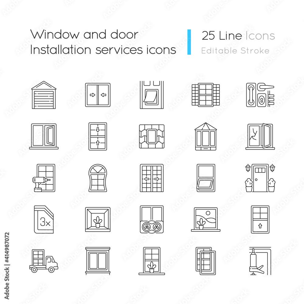 Window and door installation service linear icons set. Increasing energy efficiency. Break-in prevention. Customizable thin line contour symbols. Isolated vector outline illustrations. Editable stroke Window and door installation service linear icons set. Increasing energy efficiency. Break-in prevention. Customizable thin line contour symbols. Isolated vector outline illustrations. Editable stroke