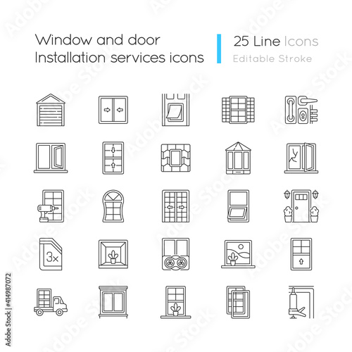 Window and door installation service linear icons set. Increasing energy efficiency. Break-in prevention. Customizable thin line contour symbols. Isolated vector outline illustrations. Editable stroke