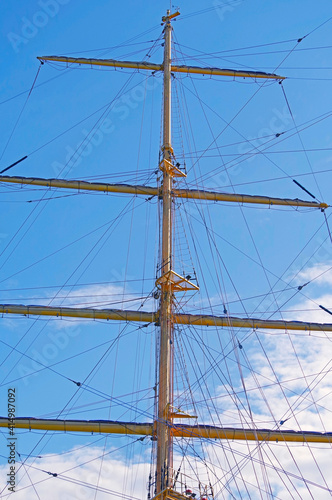 Masts and rigging of a sailing ship against sky