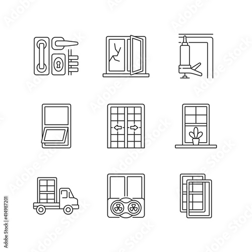 Window and door installations linear icons set. Locks and levers. Insulating barrier creation. Customizable thin line contour symbols. Isolated vector outline illustrations. Editable stroke