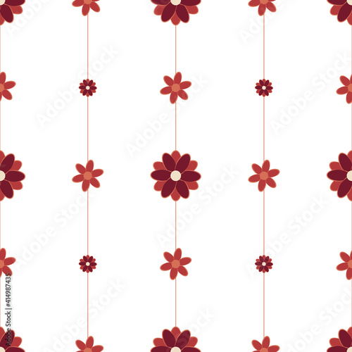 Seamless pattern of Blooming flowers. Vector simple red flowers on the white background. Printable for paper and decorative cardboard.