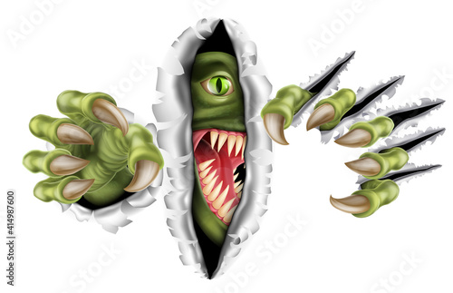 A monster, animal or dinosaur with talons or claws tearing a rip through the background wall