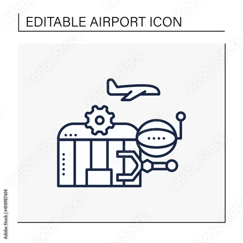 Airport robotization line icon. Security robot to patrol airport. Using robotics to make people work easier and ensure health care. Airport new normal concept. Isolated vector illustration