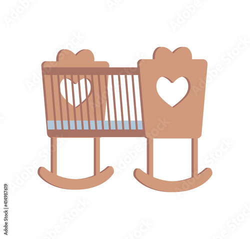 Cradle for little newborn baby girl or boy vector flat illustration isolated on white background. Wooden brown cradle with cut out hearts. Bed for a little child. Child crib concept. photo