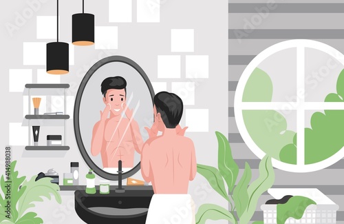 Man shaving, cleansing face in bathroom vector flat illustration. Male character using creams for face skincare. Everyday hygienic routine. Bathroom interior design with creams and shaving tools.