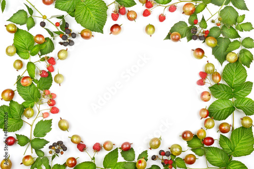 Various fresh berries isolated on white background, top view