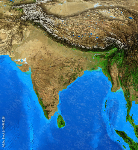 Physical map of India, Nepal, Himalayas and Tibet. Detailed flat view of the Planet Earth and its landforms. 3D illustration - Elements of this image furnished by NASA photo