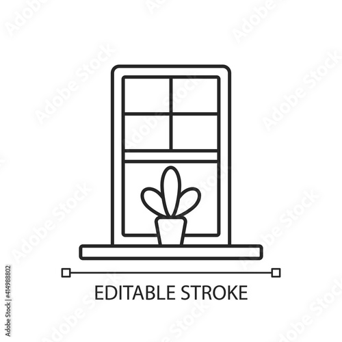 Windowsills linear icon. Window ledge. Horizontal structure, surface at window bottom. Thin line customizable illustration. Contour symbol. Vector isolated outline drawing. Editable stroke