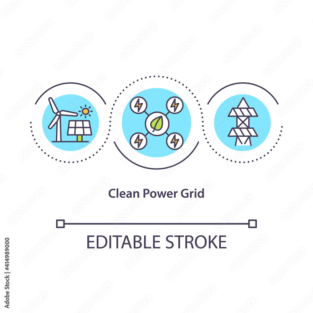 Clean power grid concept icon. Reducing green house emisson idea thin line illustration. Clean energy producing. Stop global warming. Vector isolated outline RGB color drawing. Editable stroke