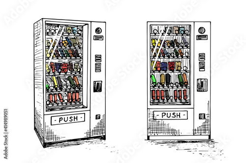 Vending machine set hand drawn sketch. Automatic snack and drink sale machinery isometric and front view. Black and white vector isolated illustration