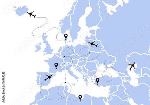 Airplane line path vector icons of air plane flight routes with start points and dash line traces.