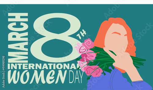 International Women Day 8th March ginger brunet girl with flowers illustration dzien kobiet on holidays