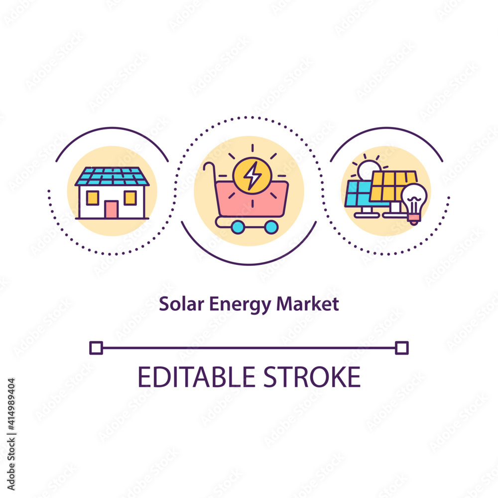 Solar energy market concept icon. Clear energy idea thin line illustration. Optimize energy efficiency. Environmental protection. Vector isolated outline RGB color drawing. Editable stroke Solar energy market concept icon. Clear energy idea thin line illustration. Optimize energy efficiency. Environmental protection. Vector isolated outline RGB color drawing. Editable stroke