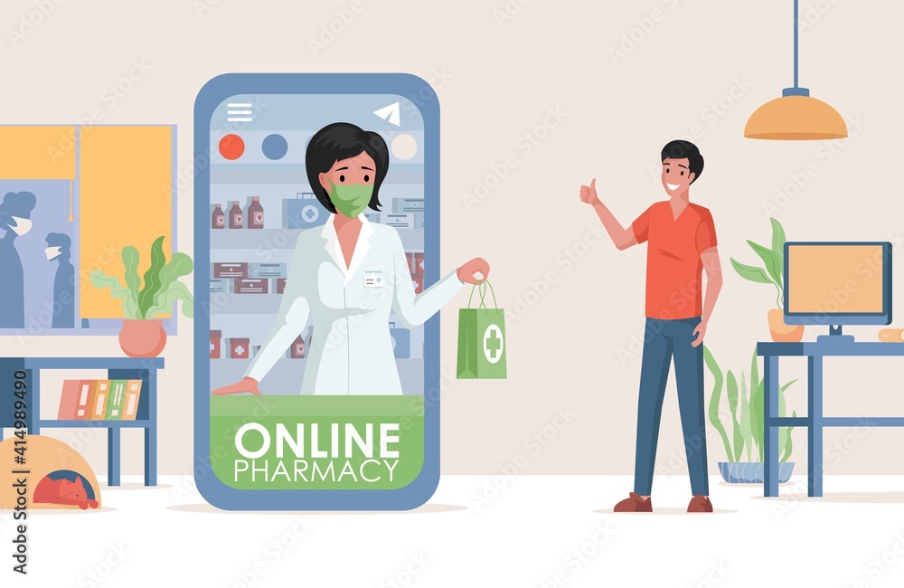 Online pharmacy vector flat illustration. Internet drugstore, health care service concept, non contact delivery. Young smiling man order tablets from online drugstore using mobile application. Online pharmacy vector flat illustration. Internet drugstore, health care service concept, non contact delivery. Young smiling man order tablets from online drugstore using mobile application.