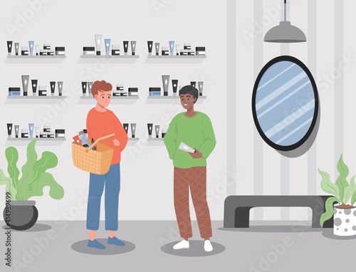 Two men in cosmetic products for men store vector flat illustration. Happy smiling boy choosing fresh natural cosmetics, seller advertising new cream for shaving and face moisturizing.