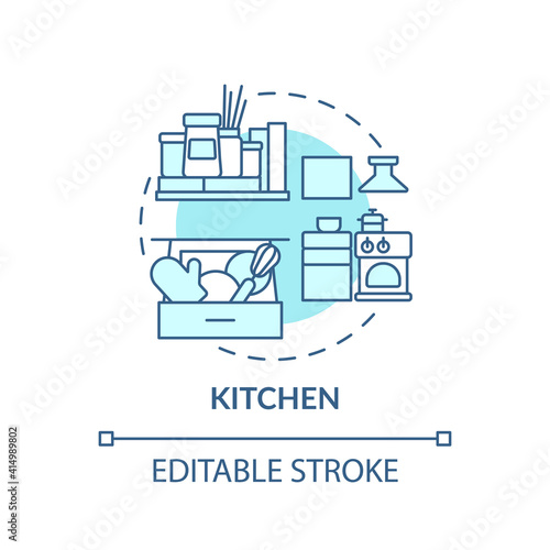 Cooking area concept icon. Organising dishes and spices on kitchen idea thin line illustration. Tidying and housekeeping. Vector isolated outline RGB color drawing. Editable stroke