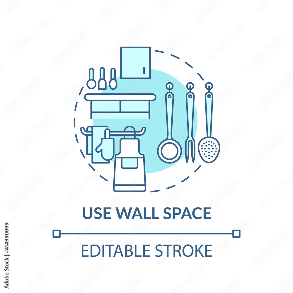 Using wall space concept icon. Crockery hooks and cookware on wall idea thin line illustration. Freeing up storage in cupboards. Vector isolated outline RGB color drawing. Editable stroke Using wall space concept icon. Crockery hooks and cookware on wall idea thin line illustration. Freeing up storage in cupboards. Vector isolated outline RGB color drawing. Editable stroke
