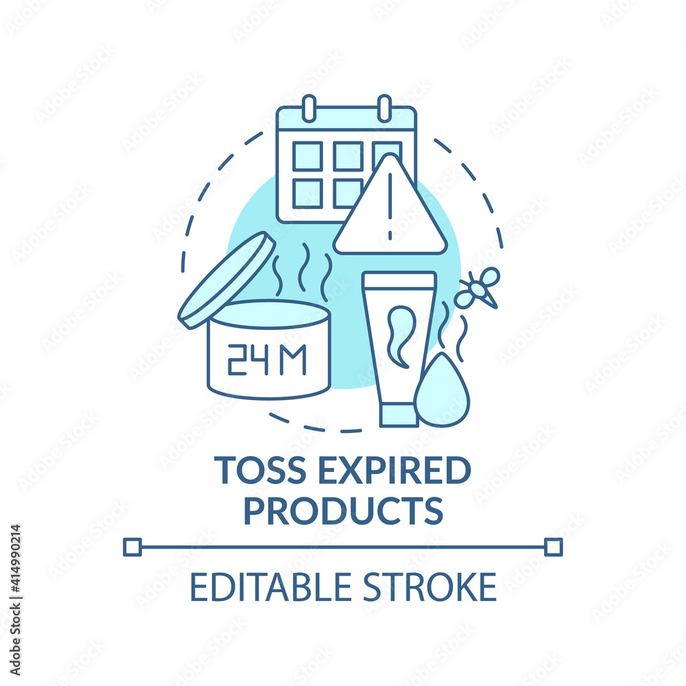 Toss expired products concept icon. Tidying bathroom from unnecessary and expiration date idea thin line illustration. Expired funds. Vector isolated outline RGB color drawing. Editable stroke