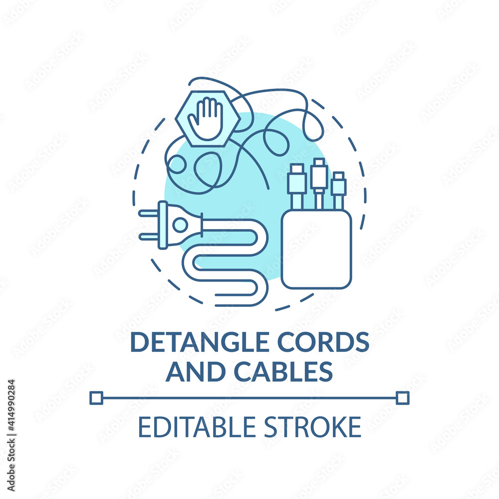 Detangle cords and cables concept icon. Fixing and hiding wires in cable cases idea thin line illustration. Using decorative washi tape. Vector isolated outline RGB color drawing. Editable stroke Detangle cords and cables concept icon. Fixing and hiding wires in cable cases idea thin line illustration. Using decorative washi tape. Vector isolated outline RGB color drawing. Editable stroke