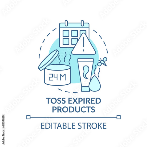 Toss expired products concept icon. Tidying bathroom from unnecessary and expiration date idea thin line illustration. Expired funds. Vector isolated outline RGB color drawing. Editable stroke