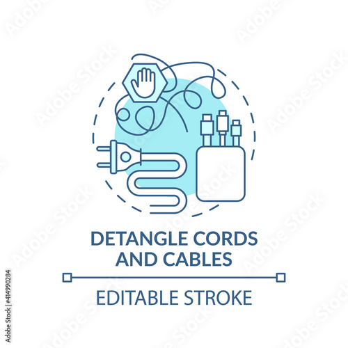 Detangle cords and cables concept icon. Fixing and hiding wires in cable cases idea thin line illustration. Using decorative washi tape. Vector isolated outline RGB color drawing. Editable stroke