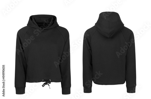Add your own design. Women's Black Cropped Hoodie with Raglan Sleeve, cutout and Isolated on a White Background for Branding and Personalisation. Photographed on a Medium Female Ghost Mannequin